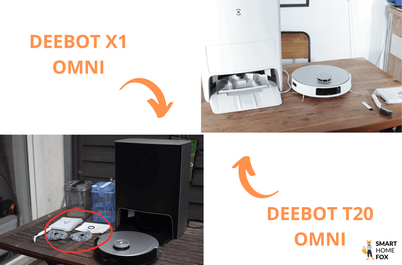 Der Lieferumfang des ECOVACS DEEBOT X1 OMNI und des DEEBOT T20 OMNI sind im Vergleich zu sehen.